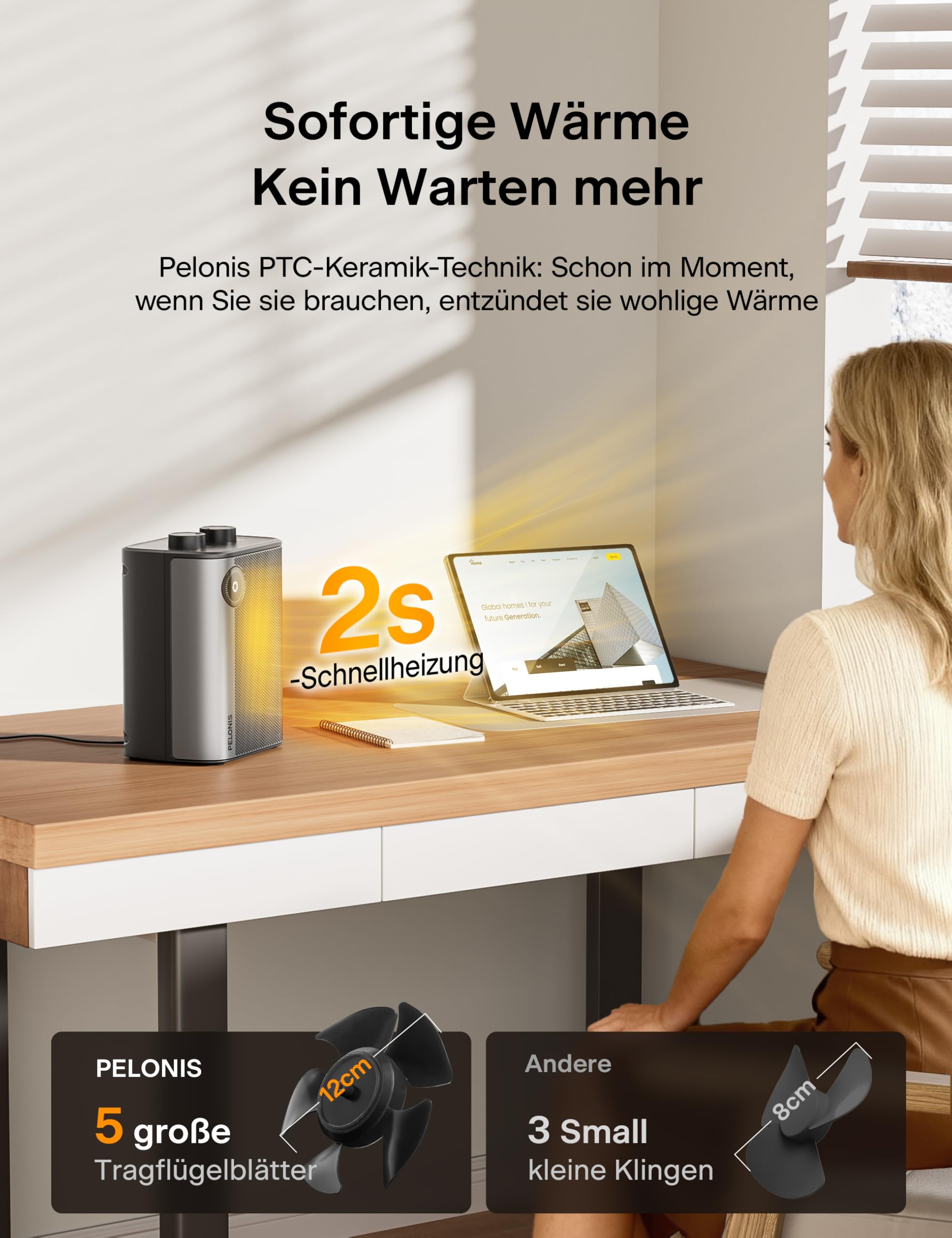 PELONIS Keramik Heizlüfter Mini 2000W, 2S Schnellheizung, 3 Heizstufen + Lüfter, Leise Tischheizung mit Überhitzungs & Kippschutz für Büro, Schreibtisch & Homeoffice