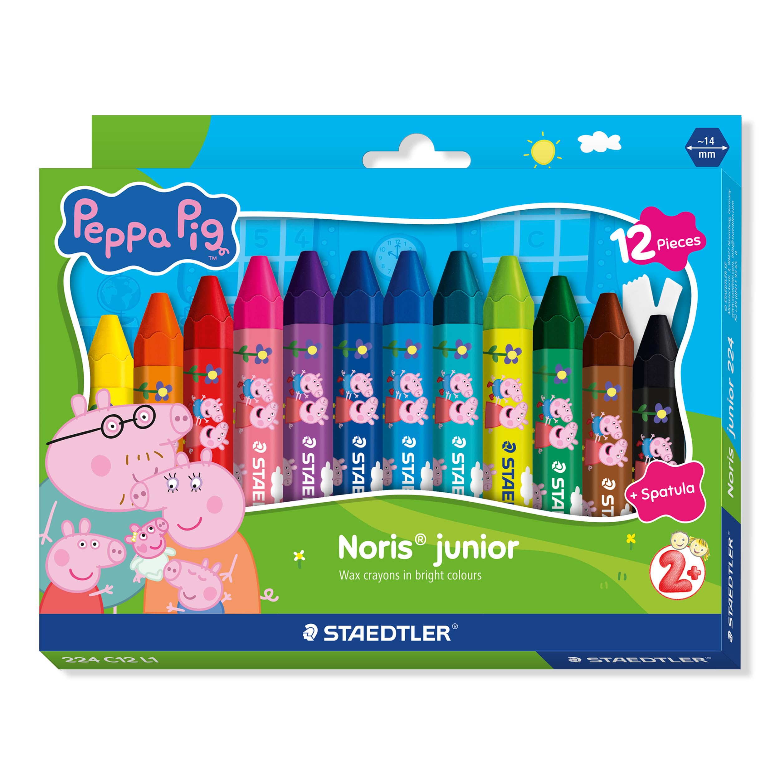 STAEDTLER Noris junior Peppa zestaw 12 kredek świecowych – grube kredki świecowe do kolorowania na dużych powierzchniach i kreatywnych technik malarskich – ergonomiczne kredki świecowe dla małych