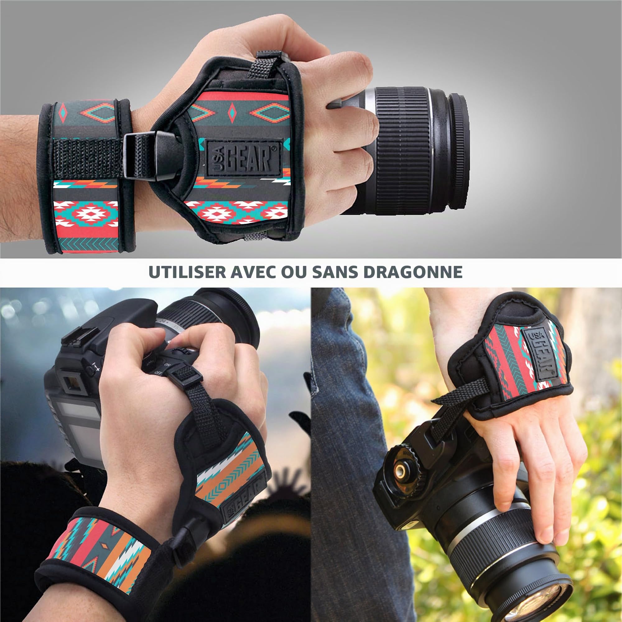 USA Gear Dragonne Grip Poignet Rapide Appareil Photo Reflex et Bridge - Sangle Appareil Photo avec Bracelet en Néoprène Ajustable - Compatible avec Nikon, Canon, Pentax, Panasonic Lumix et Plus-Bohème