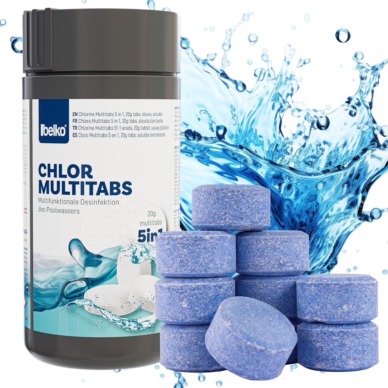 Belko® Chlor MultiTabs 5 in 1, 20 g Multifunktionstablette, langsamlöslich Langzeitdesinfektion Algenvernichtung Trübungsentfernung Chlortablette für Pool Härtestabilisator - ideal für Pools bis 20m³