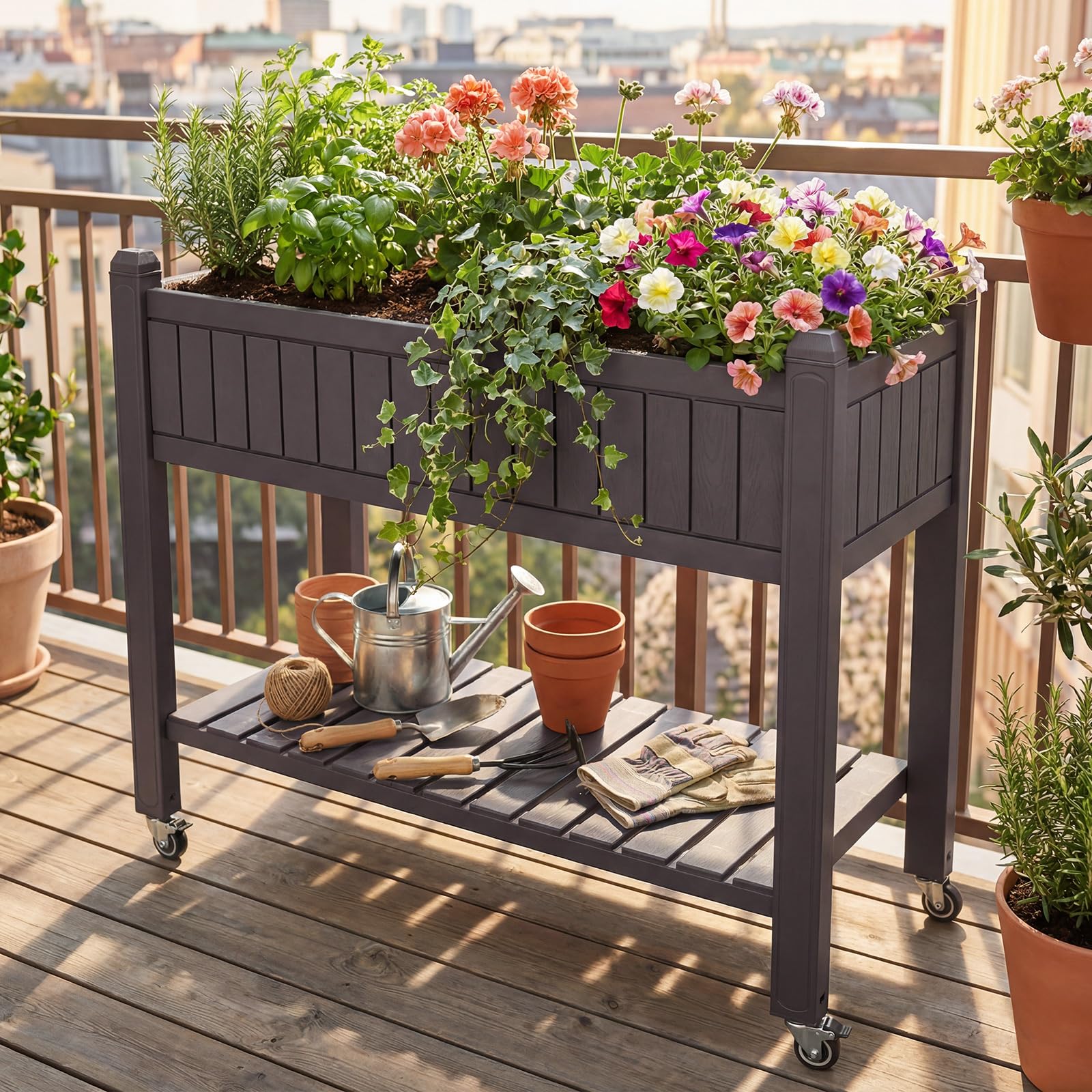 COSTWAY Hochbeet mit Rollen, erhöhtes Gartenbeet mit Ablage, Wasserstandsanzeiger & Ablauflöchern, Kräuterbeet Gemüsebeet, aus Kunststoff und Metall, Pflanztisch für Balkon Garten Terrasse, Braun