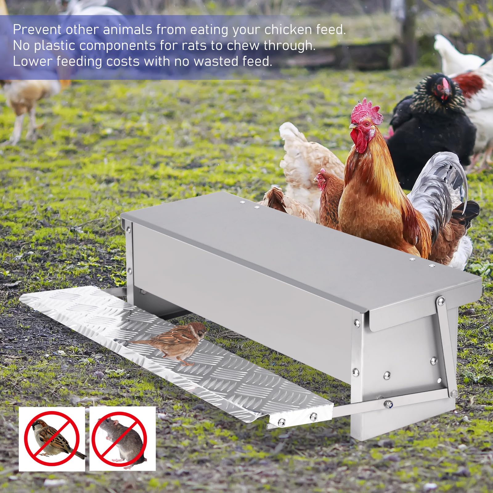 Comedero automático para pollos, 5 kg, con pedal para aves de corral, cuchara de comida para aves de corral, sin residuos, acero inoxidable, apertura automática para pollos, patos, pavos