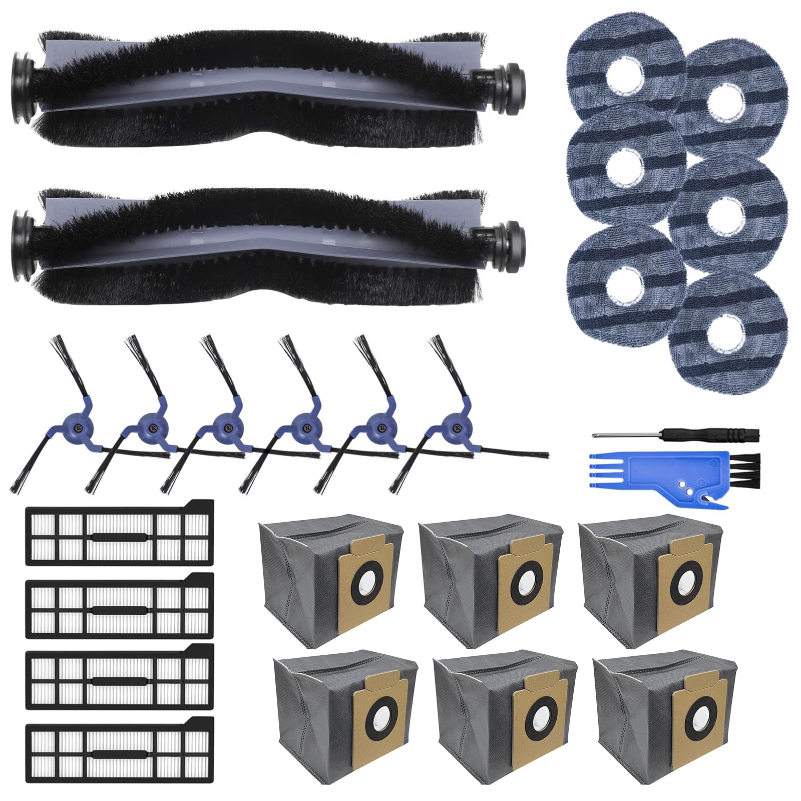 26Pcs Accessories for Eufy X10 Pro Omni Robot Vacuum Cleaner,2 Main Brush,6 Mop Cloth Pads,6 Side Brushes,4 HEPA Filters,6 Replacement Dust Bags,1 Cleaning Tools,1 Screwdriver Replacement Accessories