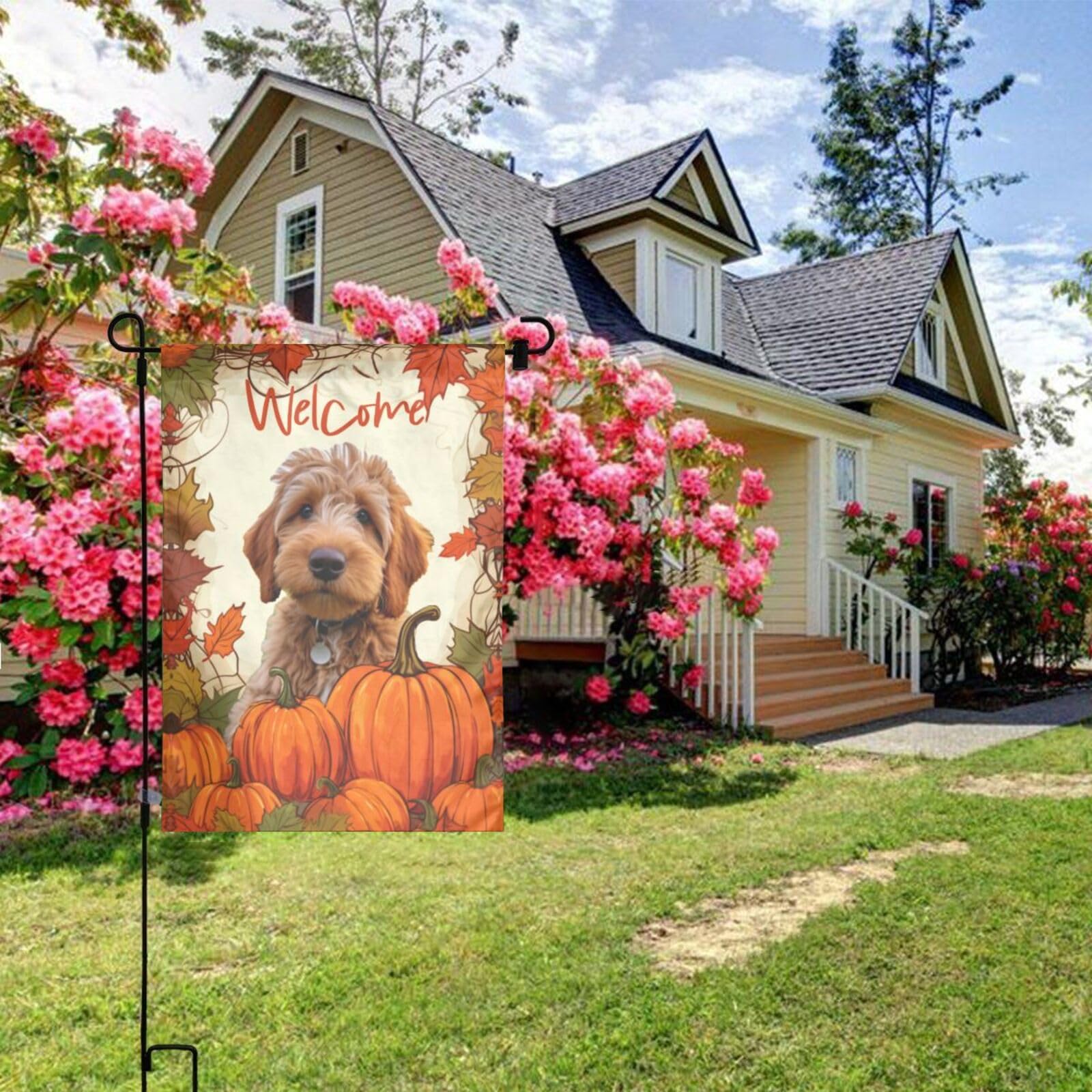 Hzppyz Hello Fall Dogs Gartenflagge – Herbstmotiv Mit Golden Retriever, Ahornblättern & Sonnenblumen, 30x45 Cm, Doppelseitig