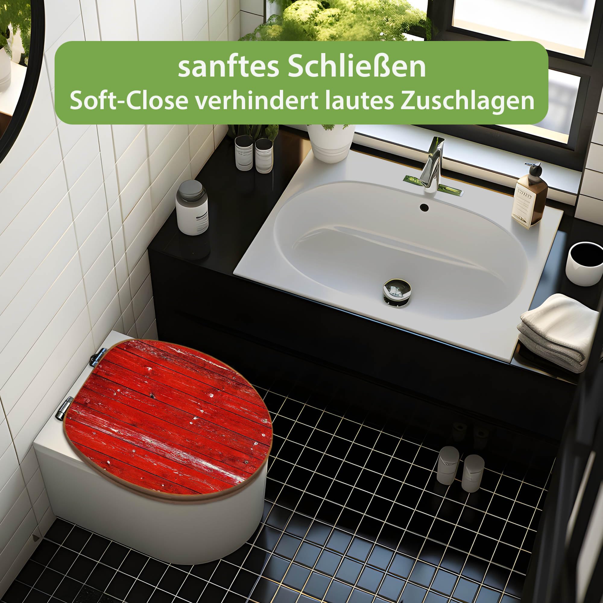 banjado Design WC Sitz Bambus Absenkautomatik 45,8x37,5cm - Toilettendeckel mit Absenkautomatik Holz - hochwertiger Bambus Klodeckel - WC-Sitz für gängigen Toiletten - Motiv Rote Holzlatten