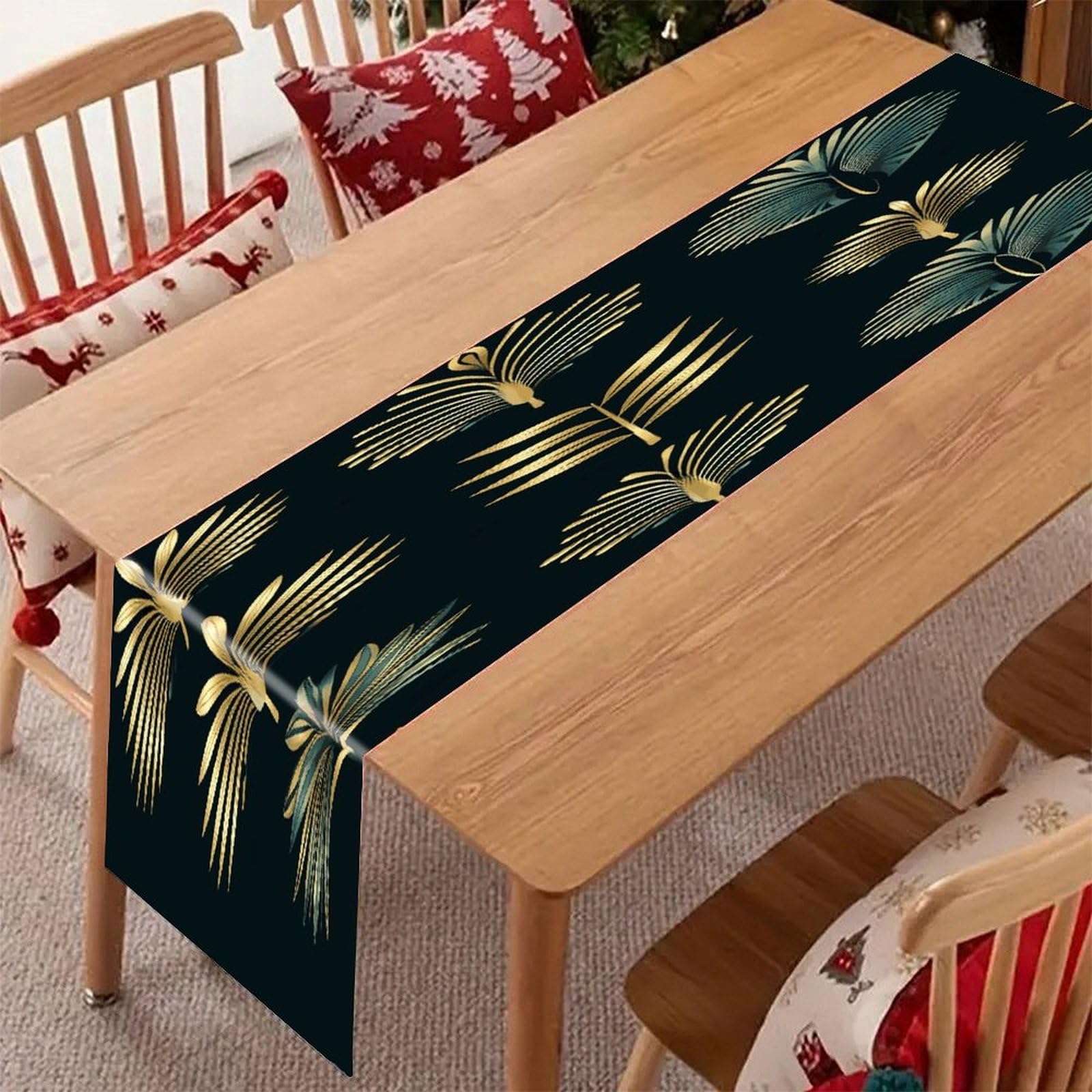 Rustic Linen Table Runner Farmhouse Style Golden Palm Leaves Table Runners Boho Style Tabletop Collection Home Long Dining Table Decoration for Party Living Room 13" X 71"