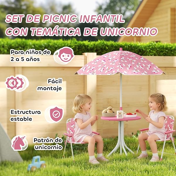 AIYAPLAY Conjunto de Mesa y Sillas Infantil de Jardín de 4 Piezas, Mesa Infantil con Sillas Plegables, Sombrilla Desmontable, Diseño de Unicornios y Arcoíris, para Patio, Pícnic, Rosa - 3