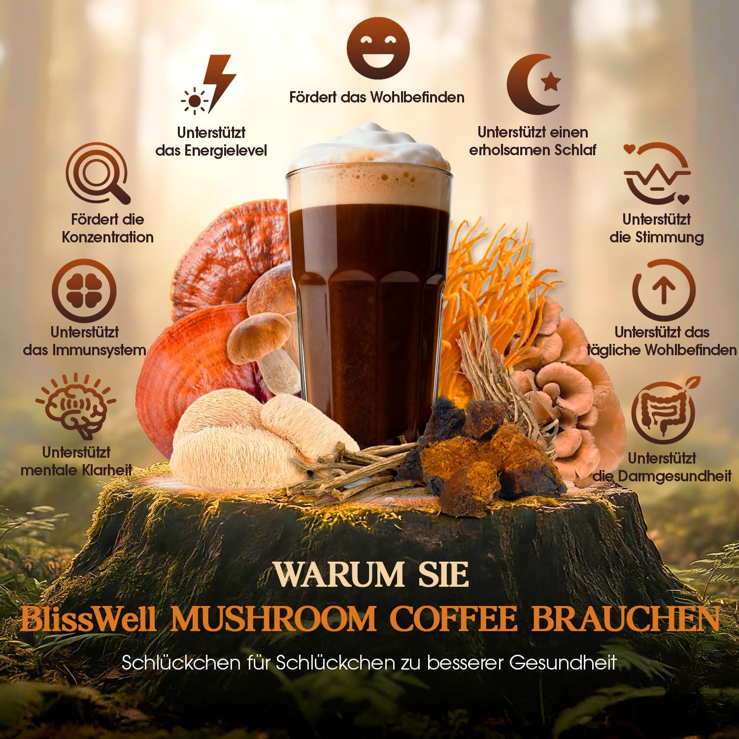 Pilzkaffee – Mushroom Coffee in 32 Einzeldosisbeuteln (192 g) | 7 Pilzextrakte + Ashwagandha, L-Theanin & Baldrian | 2250 mg Wirkstoffkomplex pro Portion (Schokolade)