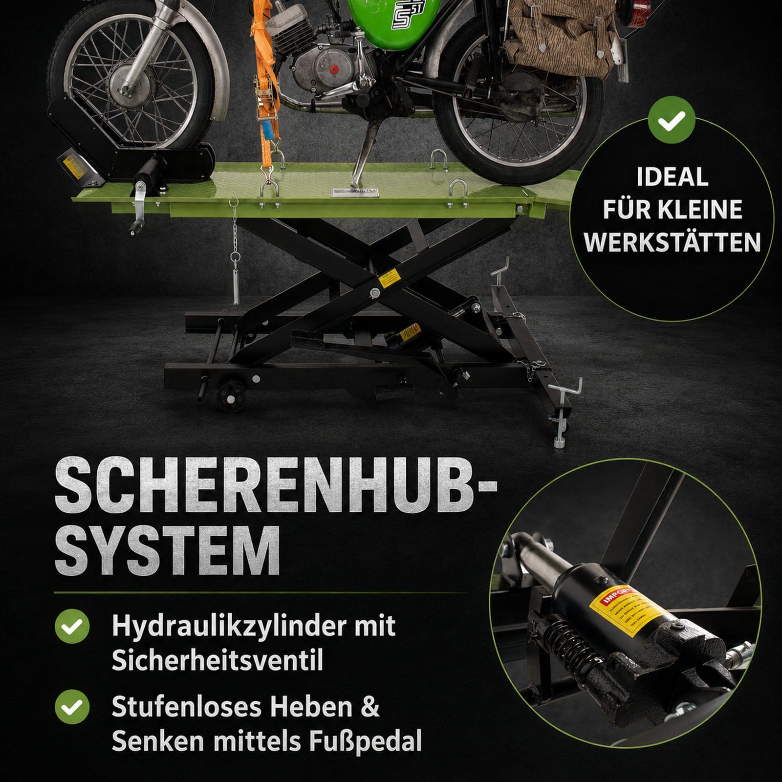 TRUTZHOLM Motorradhebebühne hydraulisch Tragkraft 360 kg kleiner Motorradheber Hubbereich 18-83 cm Nutzbreite 50 cm abnehmbare Auffahrrampe 4 Halteösen 45° Vorderradklemmung Scherenheber Moped in grün