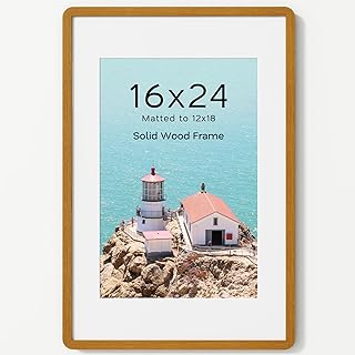 16x24 Picture Frame, Solid Teak Wood Photo Frame with Mat for 12x18, Poster Frame with Tempered Glass and Hanging Hardware, for Wall and Tabletop Display, 1 Pack