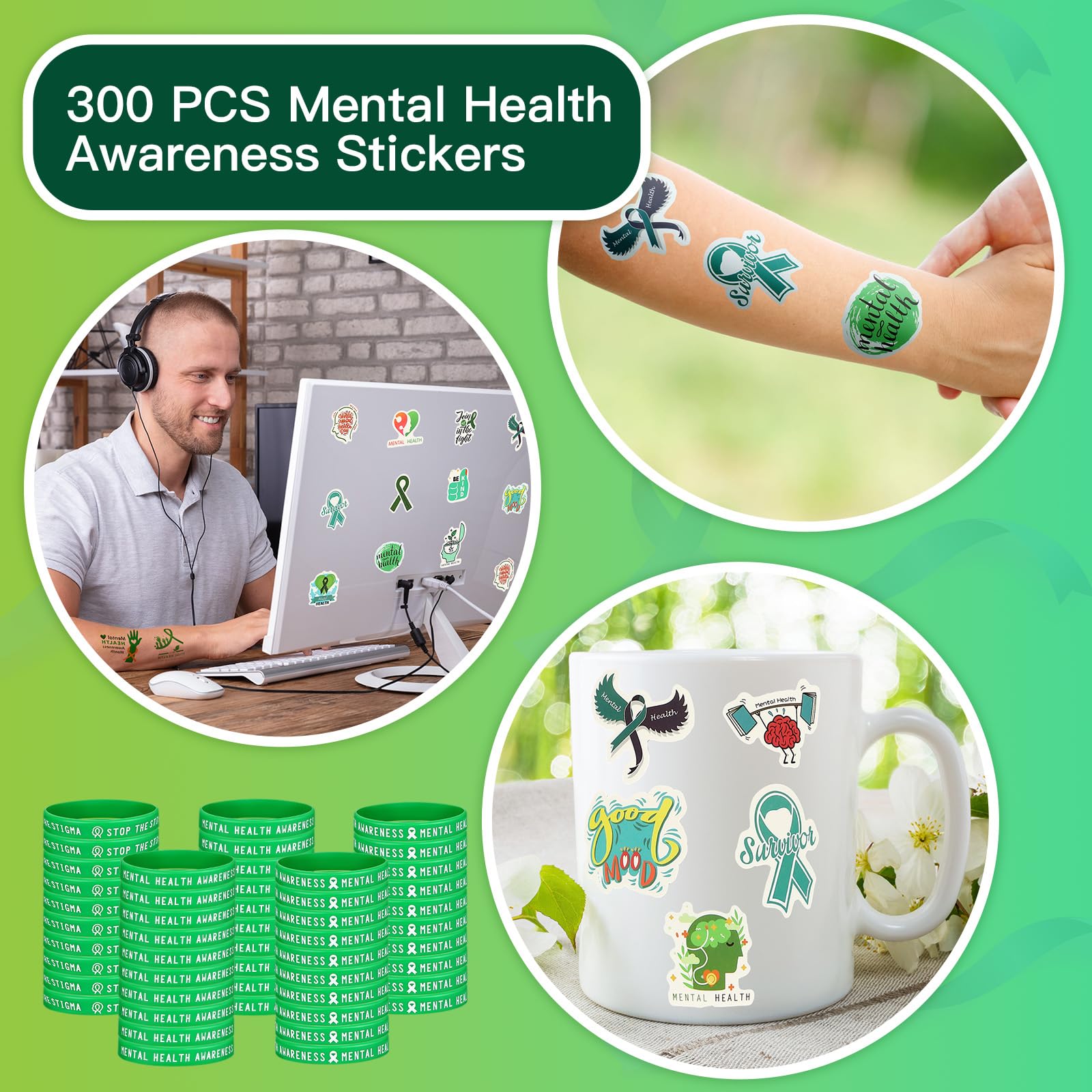 Hotop 620 artículos de concienciación sobre la salud mental incluyen patos de goma, bolas de estrés, pines de cinta verde, broches de insignia, bolígrafos, calcomanías, pulseras, cordones, llaveros,