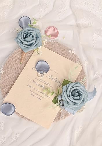 Miniatura 8 de Juego de 6 ramilletes de rosas polvorientas para boda, fiesta de graduación, pulseras de ramillete de flores artificiales, pulsera de ramillete de