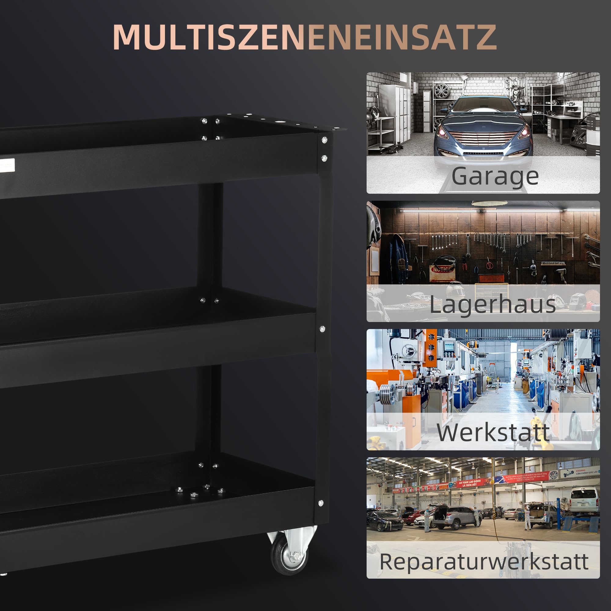 DURHAND Werkstattwagen aus Stahl, 3 Tabletts auf Rollen, mit Griff, belastbar bis 150 kg, 83 x 35,3 x 76 cm, Schwarz