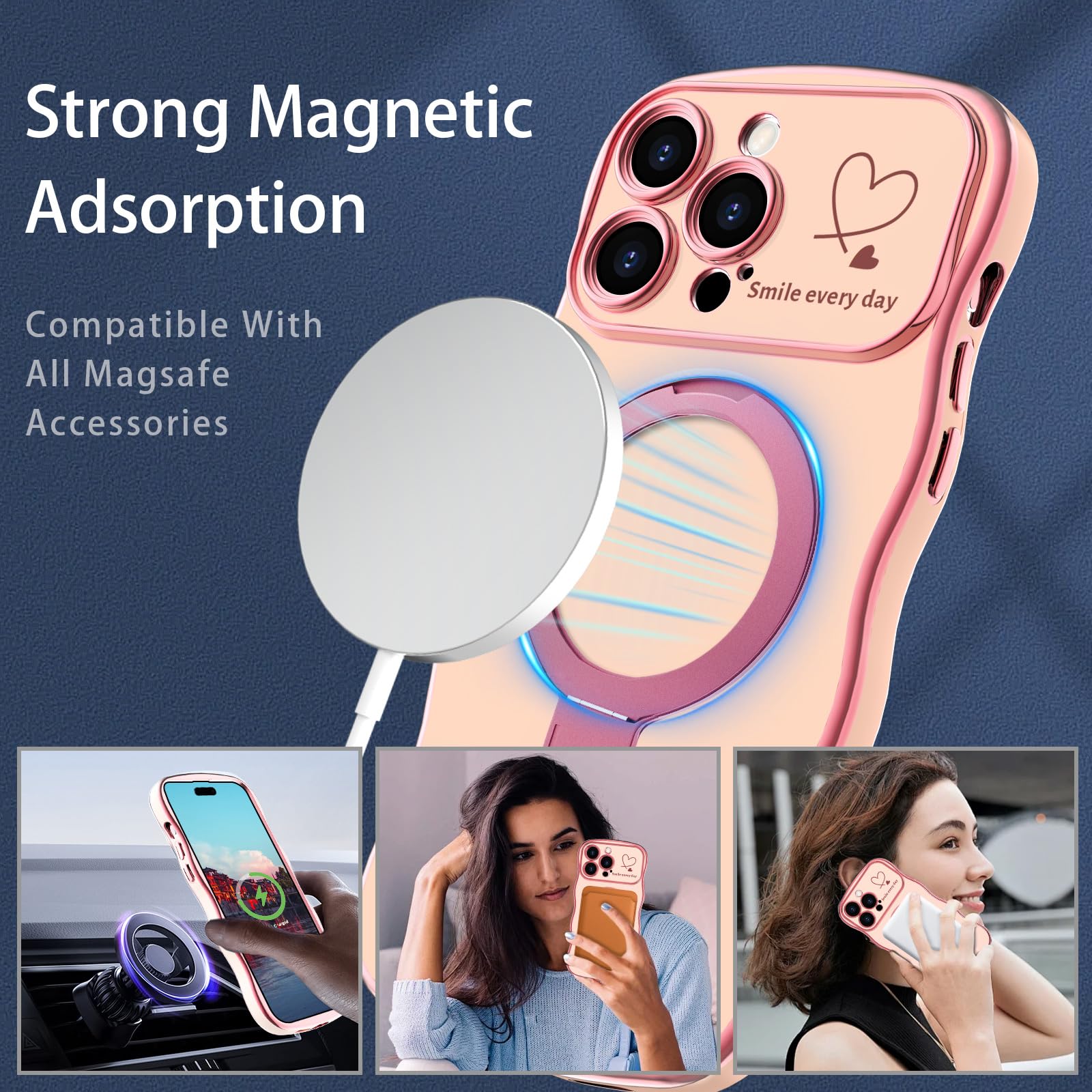 For IPhone 14 Plus Magnetic Case, Cute Curly Wave Shape & Love Heart Pattern Plating Edge Case Compatible With Mag Safe Women Girls Soft TPU Bumper Shockproof Protective Cover,Rose