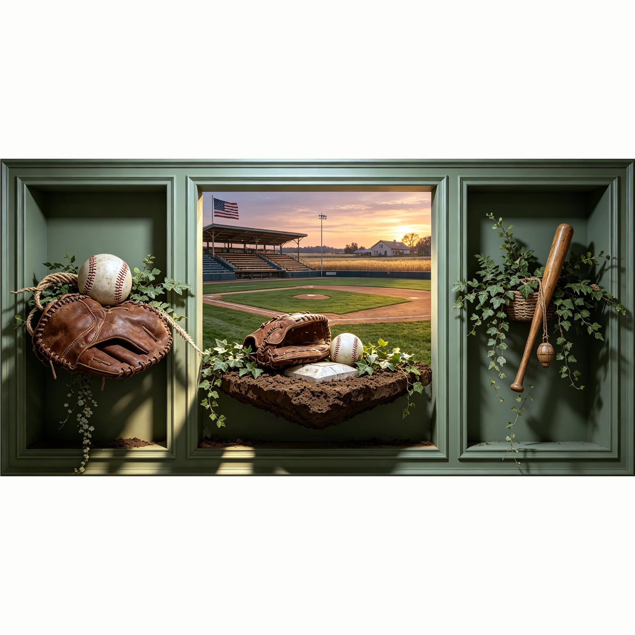QZLITHOTIC 50x100cm 3D Framed Wall Art， Baseball Stadium Sunset Sports Landscape SelfAdhesive Mural， WaterActivated Peel & Stick Fabric Decor Wall Decal for Bedroom Living Room