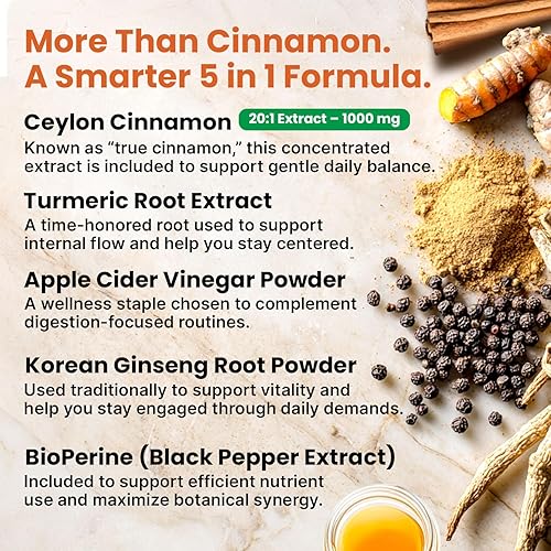 Miniatura 3 de Polvo de canela de Ceilán 5 en 1 extra fuerte, cápsulas orgánicas de canela de Ceilán con cúrcuma, vinagre de sidra de manzana, ginseng coreano y