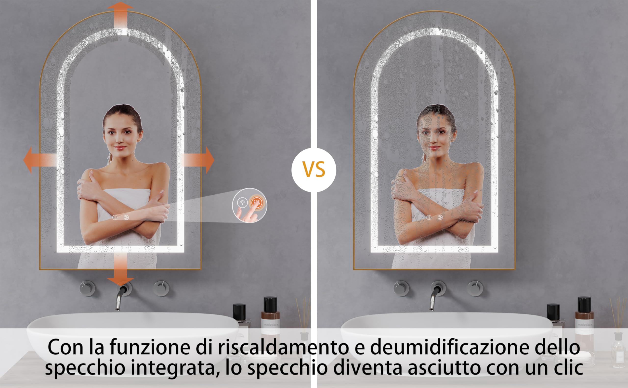 Specchio Bagno Contenitore con 3 Colori Luce e 1 AC/2 USB, Armadio Specchio Bagno con Deumidificazione con 1 Tocco e Funzione di Memoria(Oro Bianco)