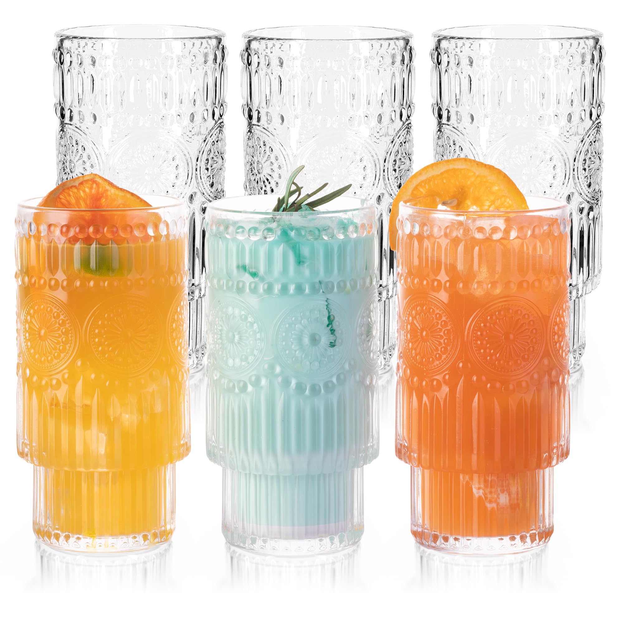 Hyglazelle Vintage Ribbed Drinking Glasses Set of 6 12oz Clear Textured Flower Design Glass Water Tumblers Embossed Striped