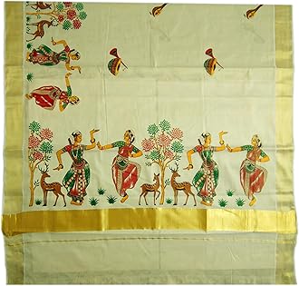 Women's Mural Printed Kerala Gold Tissue Saree with Running Blouse