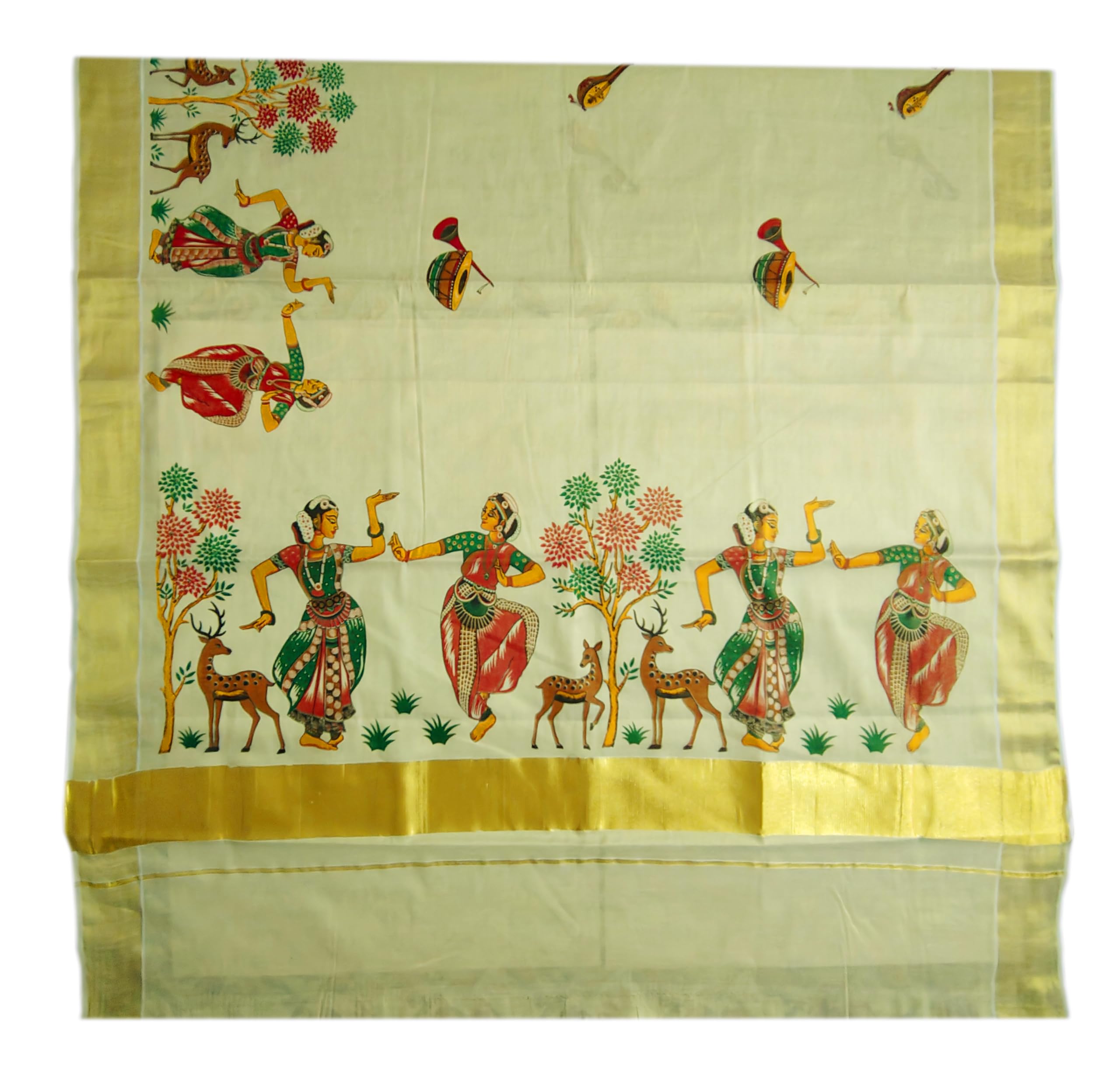 YETTALAN® Women's Mural Printed Kerala Gold Tissue Saree with Running Blouse Piece | Traditional South Indian Ethnic Saree for Festivals, Weddings & Special Occasions