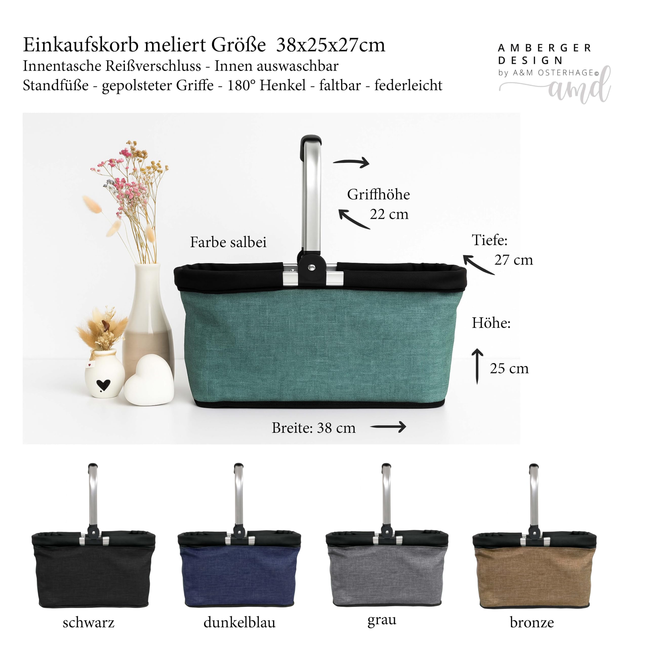 AMBERGER DESIGN by A&M Osterhage amd Einkaufskorb individuellem Text Design mit Wunschname Picknickkorb Einkaufkorb Geschenk-Unisex Tragekorb faltbar Shopping-Geschenk Einkaufstasche 20L (Bronze)