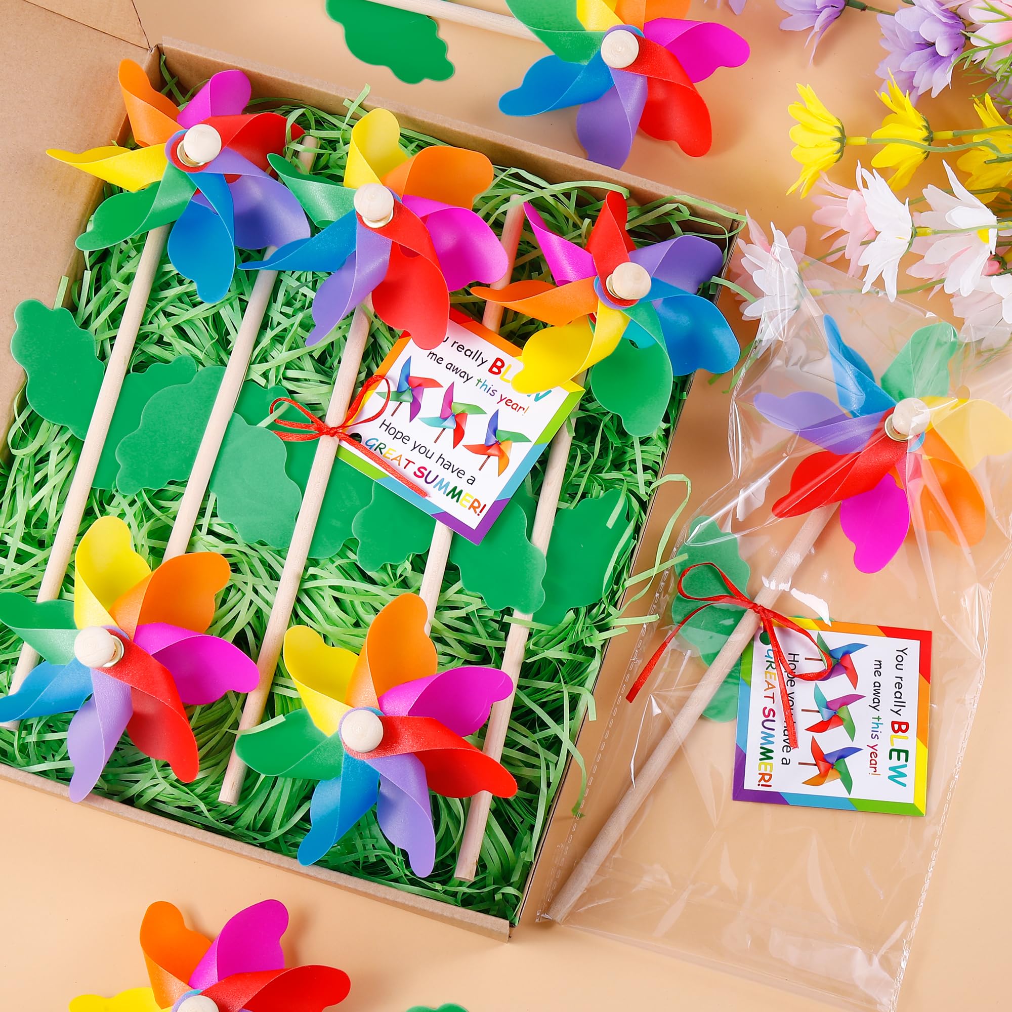 24 Pack End of Year Gifts Pinwheels for Kids Students Rainbow Flower Wind Spinners for Yard and Garden with 24 Pcs Cards and 16 ft Silk Ribbon,Wind Sculptures for Outdoor Decorations Party Favors - Image 6