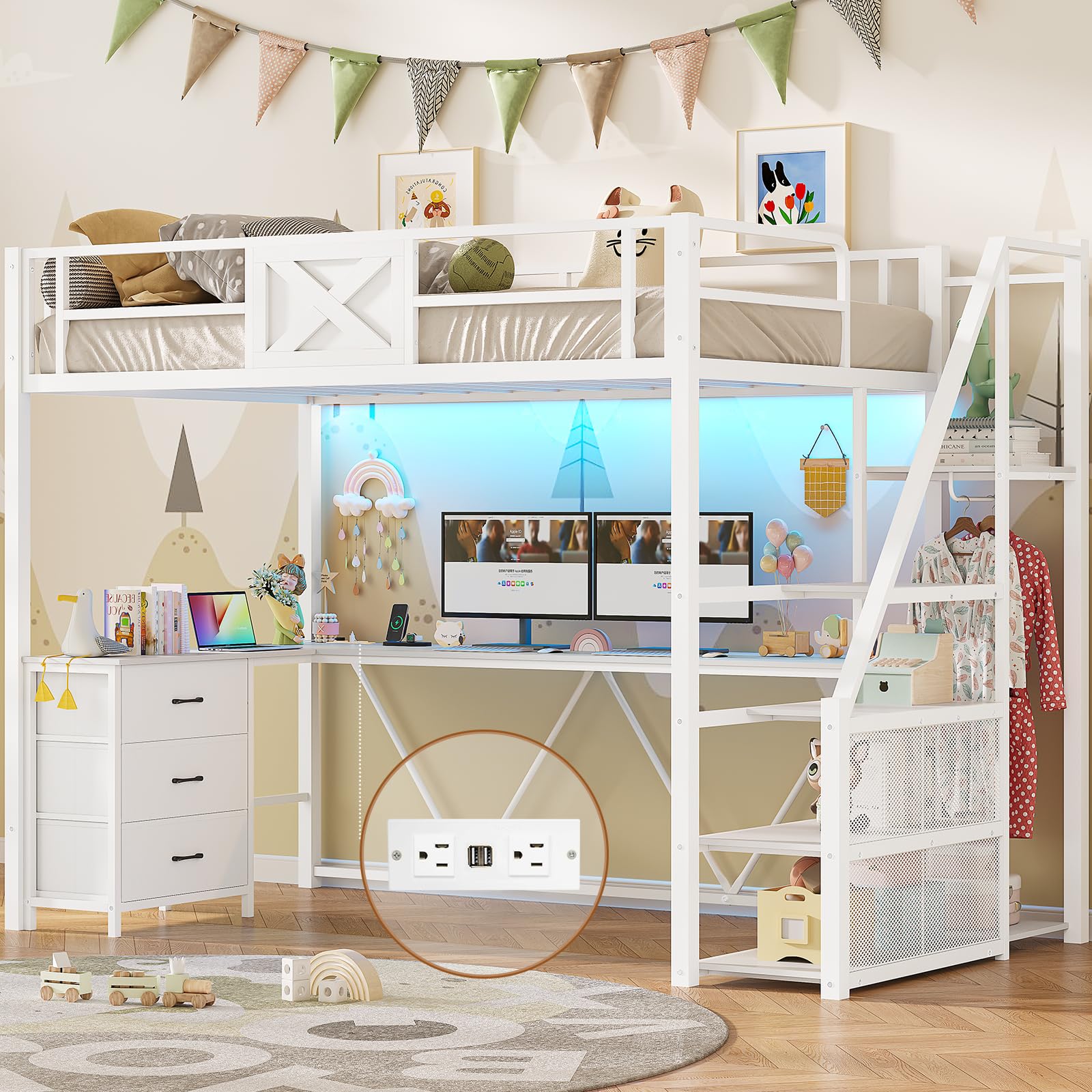 Itaar Stairway Twin Size Loft Bed with L Shaped Desk and Wardrobe, Metal Loft Bed Frame with Stairs, 3 Fabric Drawers, LED Lights & Charging Sation,