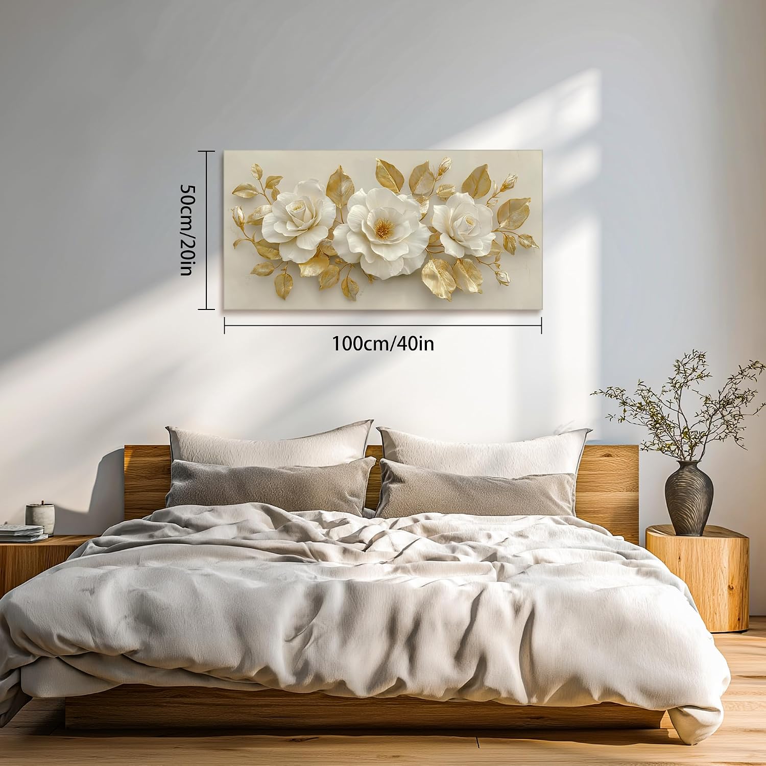 SLYCAY Large Modern White Floral Golden Leaves Canvas Wall Art Prints, Neutral Flowers Botanical Painting Pictures Boho Beige Blossom Wall Decor Artwork Bedroom Living Room Office 20"X40"
