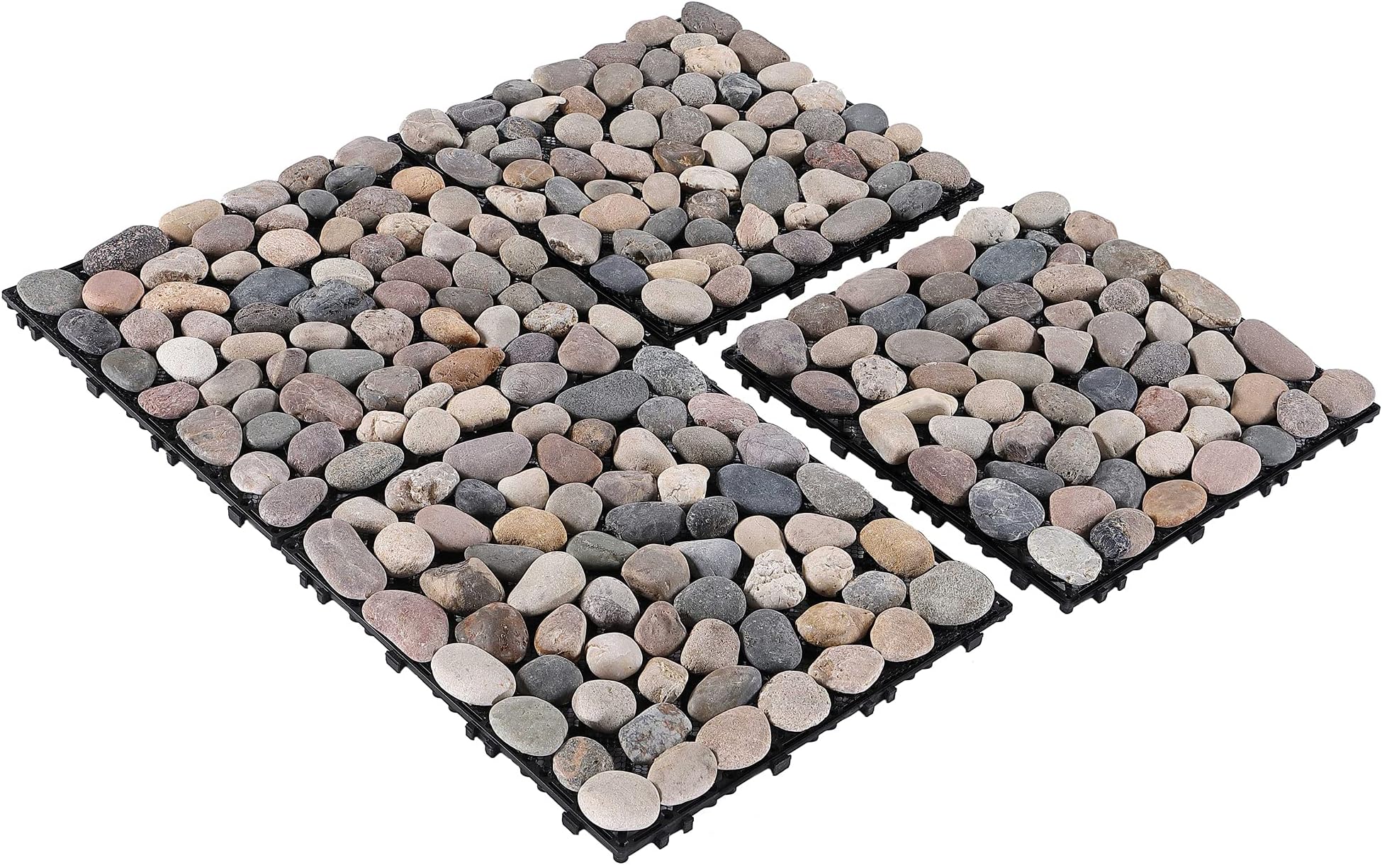 PURE ERA Natural Real Stone Interlocking Floor Deck Tiles Natural Pebble Tile Indoor Outdoor Use 12"x12" (4Pcs, 4 sq. Ft, Natural Mixed Color)- Great Upgrade to Patio Backyard Pathway