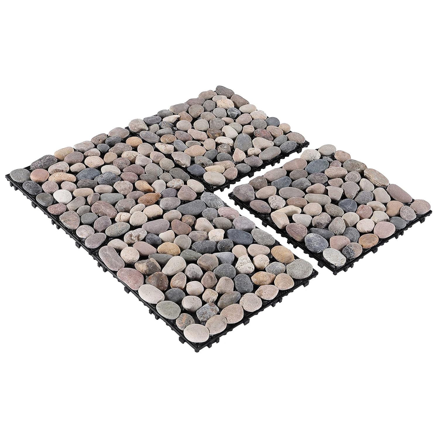 PURE ERA Natural Real Stone Interlocking Floor Deck Tiles Natural Pebble Tile Indoor Outdoor Use 12"x12" (4Pcs, 4 sq. Ft, Natural Mixed Color)- Great Upgrade to Patio Backyard Pathway 12x12 Inch Natural Mixed Color 4