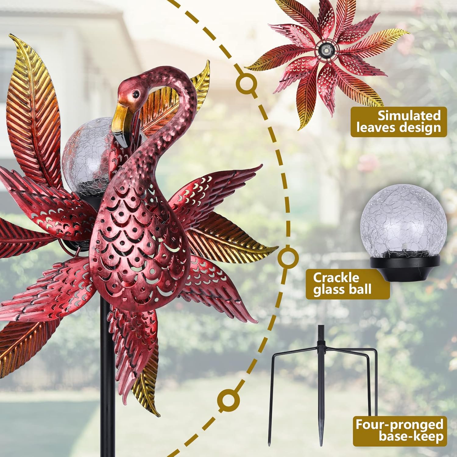 Solar Wind Spinner Outdoor Metal Kinetic Wind Spinners with LED Lighting Glass Ball Flamingo Wind Spinner with Stake Decorative Windmill for Yard Lawn Garden Patio Decor