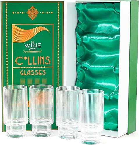Juego de 4 vasos de cristal vintage Art Deco Highball de cristal acanalado – Ripple, cristalería Collins de 14 onzas, vasos de cóctel clásicos