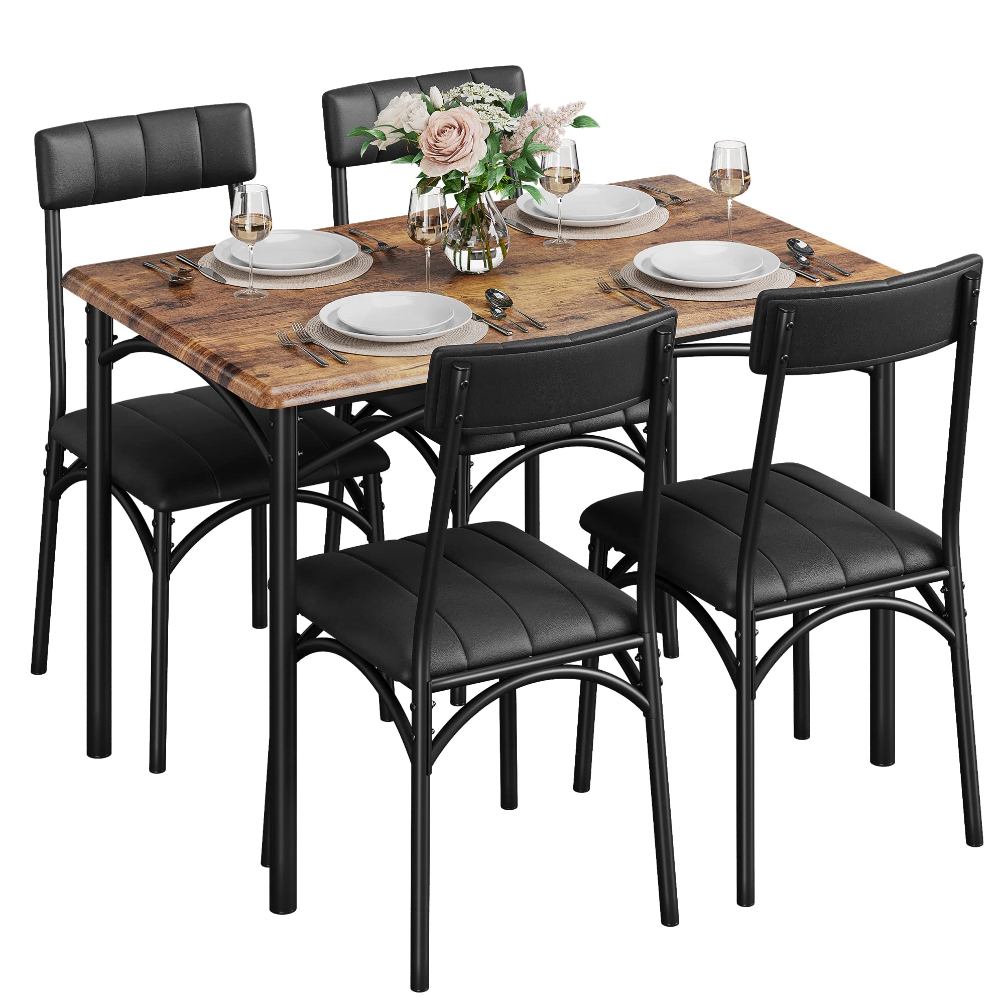 Crevyteg Modern 5-Piece Dining Table Set for 4, Sturdy Steel Frame Dining Table and Upholstered Chairs, Space-Saving Kitchen Dining Set for Small Space, Easy Assembly