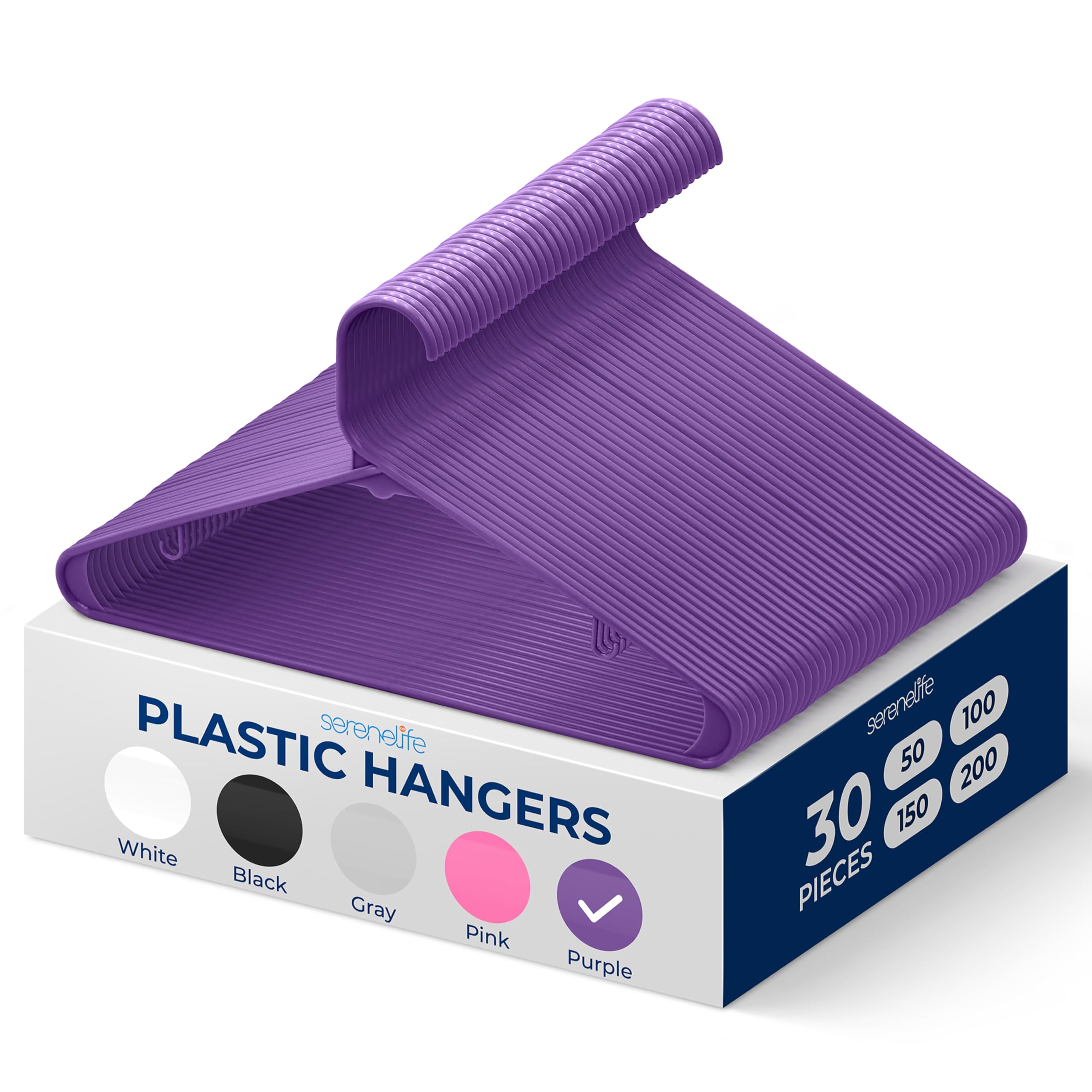 SereneLife Plastic Hangers 30 pcs, Non-Slip Heavy Duty Clothes Hanger Set with 360° Swivel Hook, Smooth Finish to Protect Fabric, Lightweight, Ultra-Thin Hangers for Coats and Other Clothes (Purple)