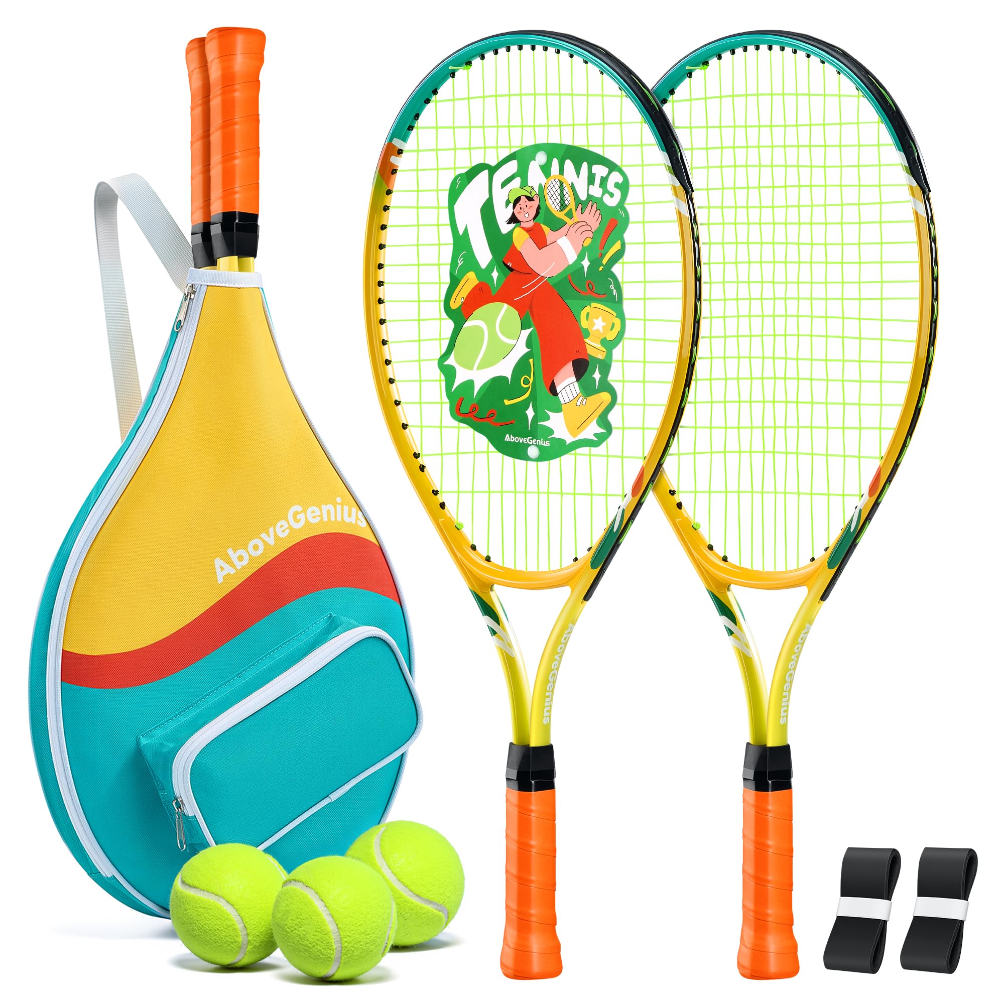 AboveGenius Kids Tennis Racket Set, 21/23/25 inch Tennis Racket for Toddler Youth Starter Kit, 3 Balls, 2 Lightweight Racquets with Easy Carrying Shoulder Strap Bag