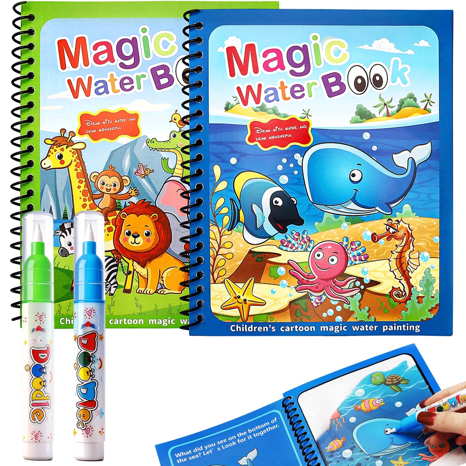 Canollo 2 Stück Wassermalbuch mit 2 Stück Wasserstifte für Kinder, Wiederverwendbar Aqua Doodle Baby Malbuch, Water Wwow Malbuch, Wassermalbuch ab 2 Jahr, Magic Water Book Für Kinder Geschenke