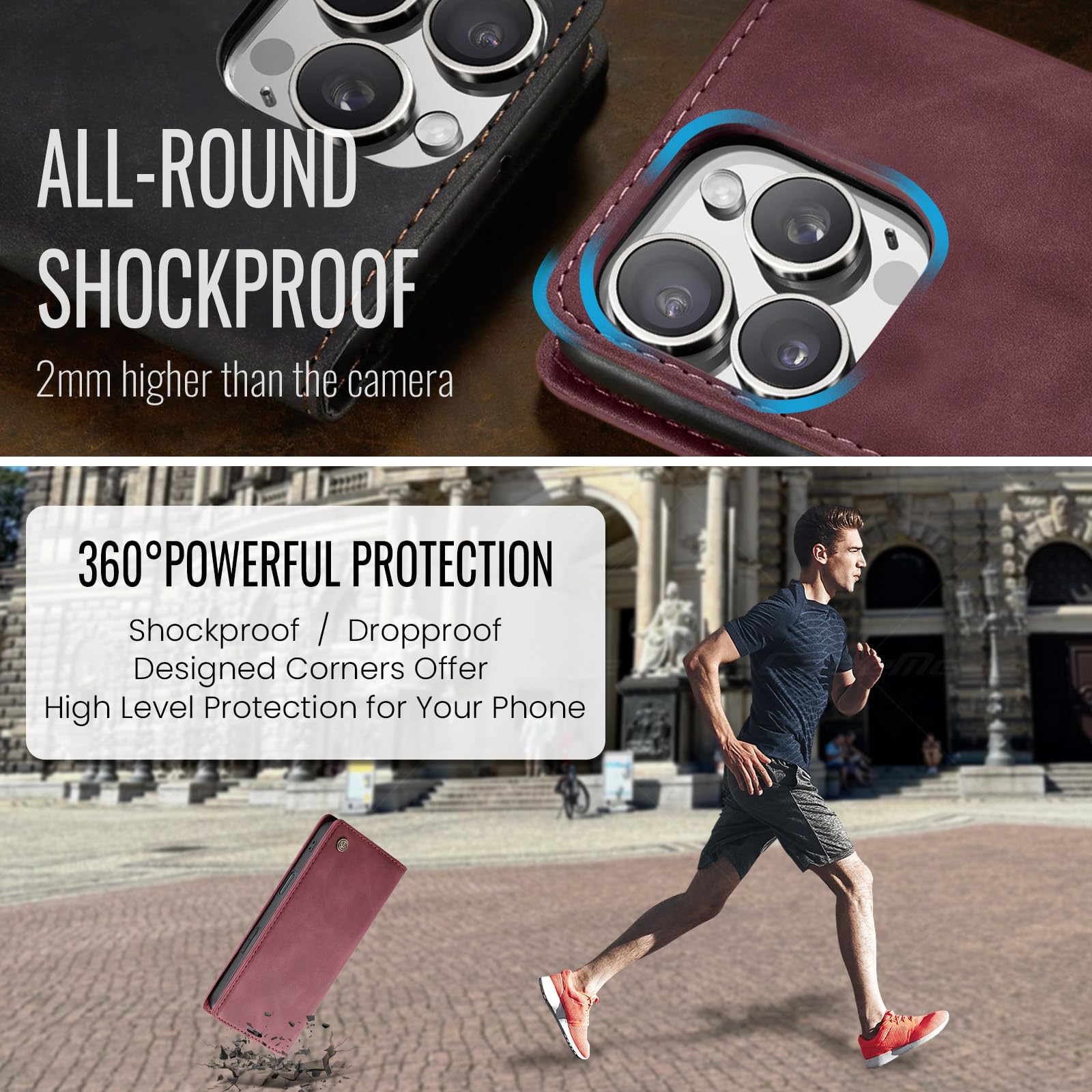 Samokor Cover per iPhone 16 Pro 5G Pelle Flip Custodia Cavalletto Portafoglio Magnetica Carta Fessura Antiurto per iPhone 16 Pro 5G,Vino Rosso