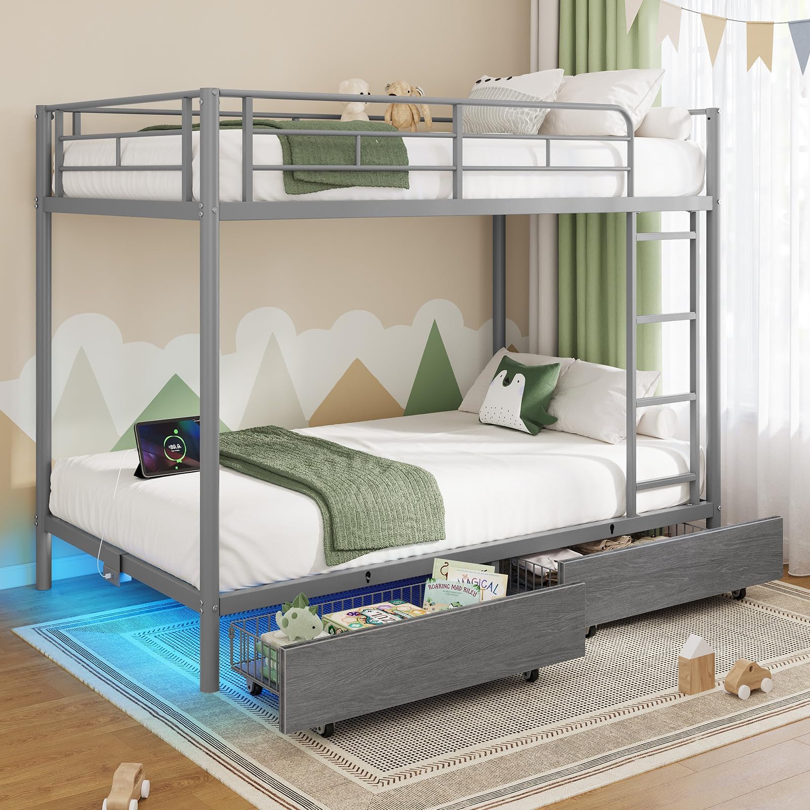 Rolanstar Metal Bunk Bed Twin Over Twin with USB Charging Station, LED Bunk Bed with 2 Storage Drawers, Bed with Safety Guardrail & Ladders, No Box Spring Needed, Easy Assembly, Grey