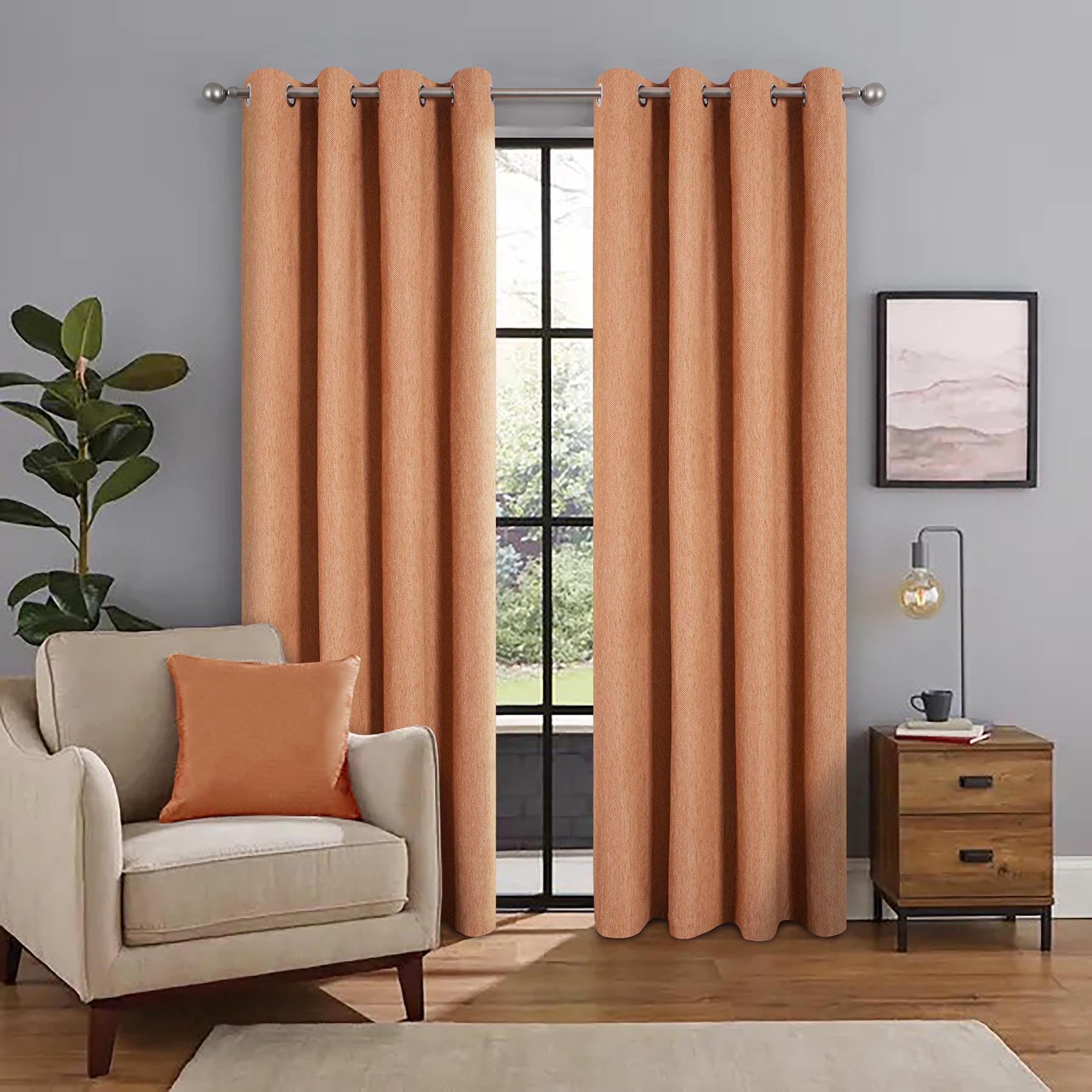 always4u Lot de 2 Rideaux Occultants à Chevrons avec Œillets, 100% Opaques, Isolation Thermique, Texture Douce et Agréable, pour Chambre et Salon, Orange, 245 x 140 cm