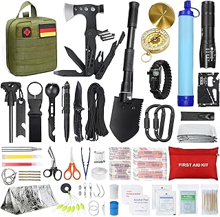 Kit de supervivencia para camping/aventura con botiquín de primeros auxilios, 180 piezas, con filtro de agua, pajita, hacha de martillo multifuncional, regalo para hombre