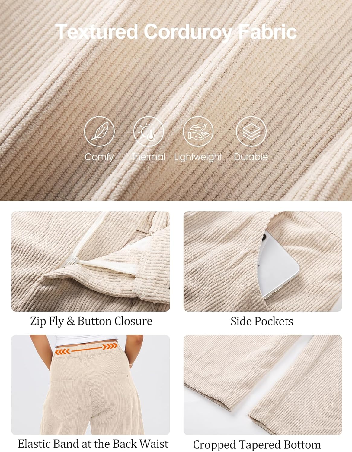 Flygo Womens Corduroy Pants Mid Rise Corduroy Barrel Pants Wide Leg Elastic Waist Cord Pants Casual Baggy Trousers(Beige-L) - Image 5