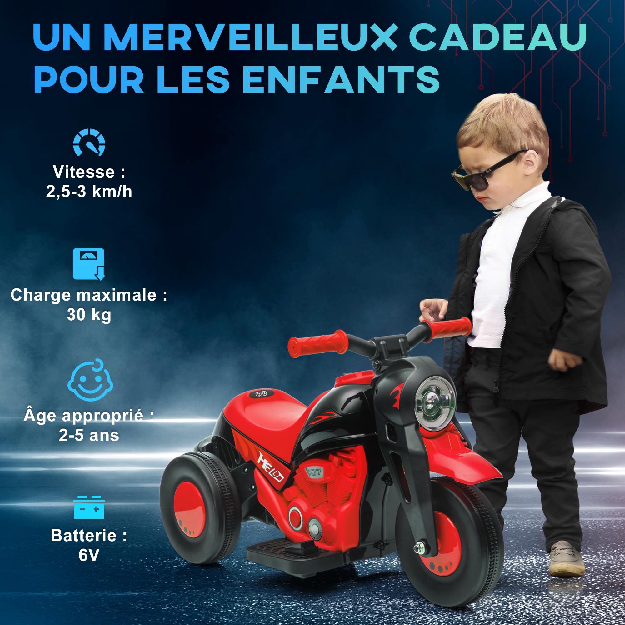 AIYAPLAY Elektrische motorfiets voor kinderen, 3 wielen, 6 V, 3 km/u, elektrische auto voor kinderen met bellenfunctie, licht- en geluidseffecten, 2-5 jaar, maximale belasting 30 kg, rood
