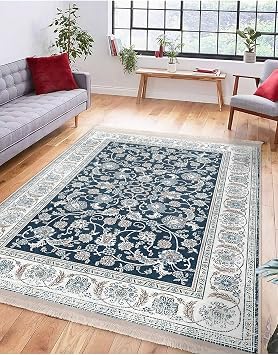 RealHomes Blue Floor Uşak Motif Antique Patterned Ethnic Motifs Vintage Living Room Non-Slip Base Fringed Carpet CarpetDik-Deluxe-11509, 160 x 230