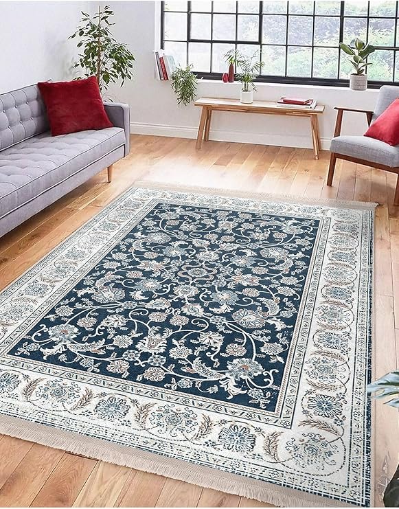 RealHomes Blue Floor Uşak Motif Antique Patterned Ethnic Motifs Vintage Living Room Non-Slip Base Fringed Carpet CarpetDik-Deluxe-11509, 160 x 230