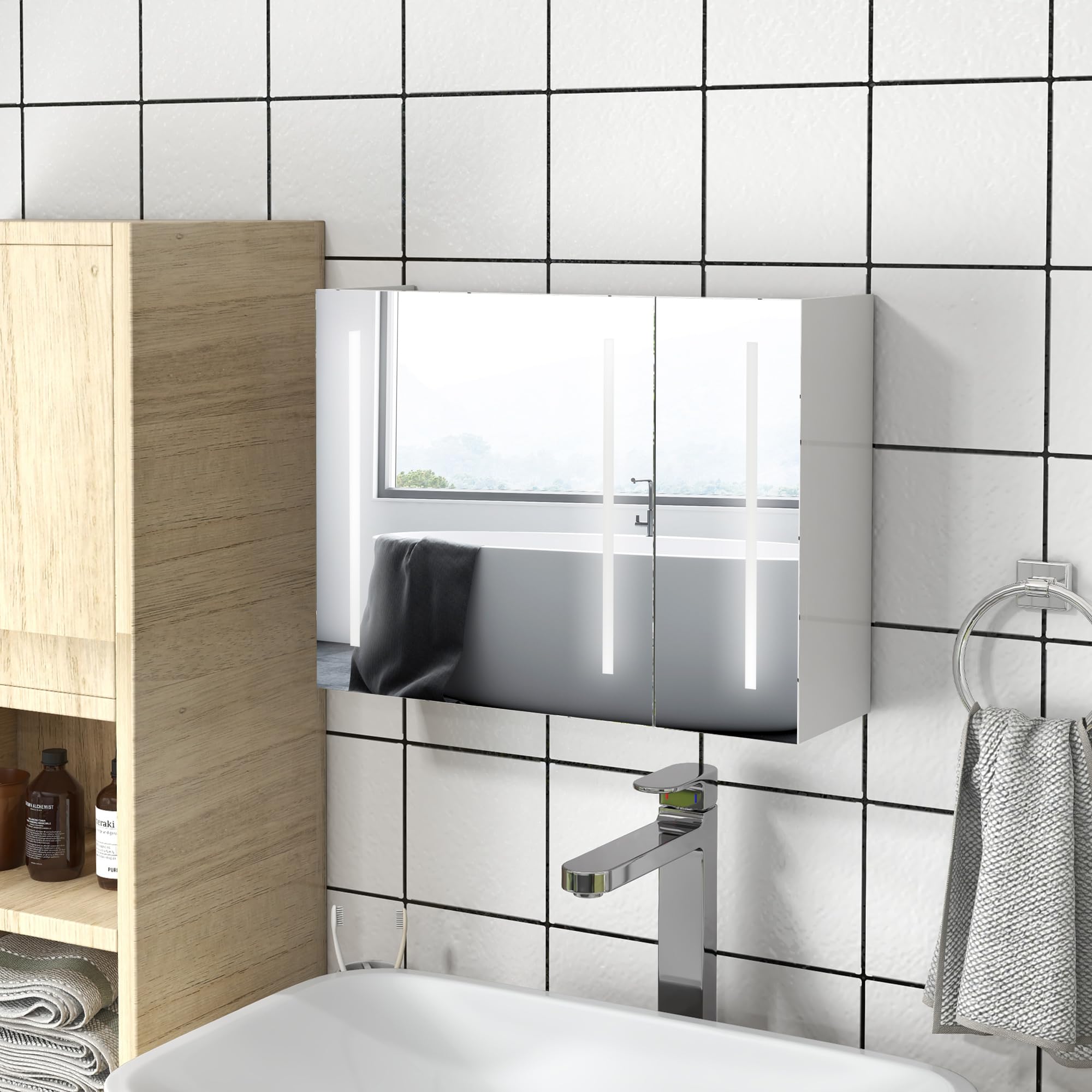 kleankin Armario con Espejo de Baño LED 90x15x70 cm Blanco Brillante | Mueble de Pared Colgante, 3 Puertas, Estantes Ajustables, Interruptor Táctil y USB