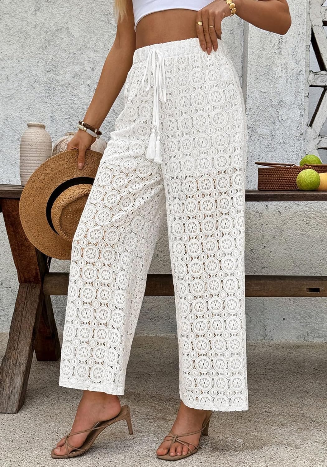 Women's Floral Lace Sheer Mesh Pants Elastic High Waisted Wide Leg Sexy Beach Cover Up Long Flare Trousers