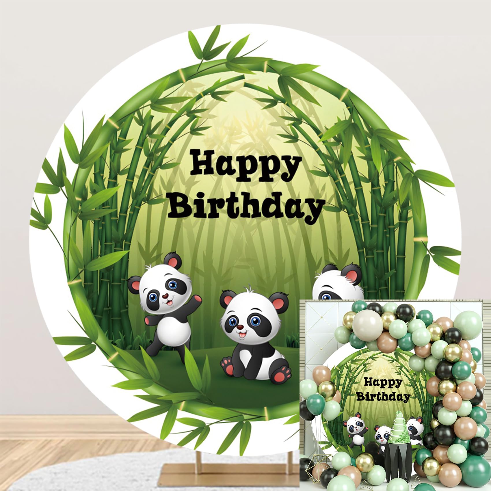 Anncsssy6.5ft Happy Birthday Cartoon Panda Backdrop Cute Panda Green Bamboo Leaves Background for Photography Newborn Baby Shower Children 1st 2nd Birthday Party Cake Table Decoration