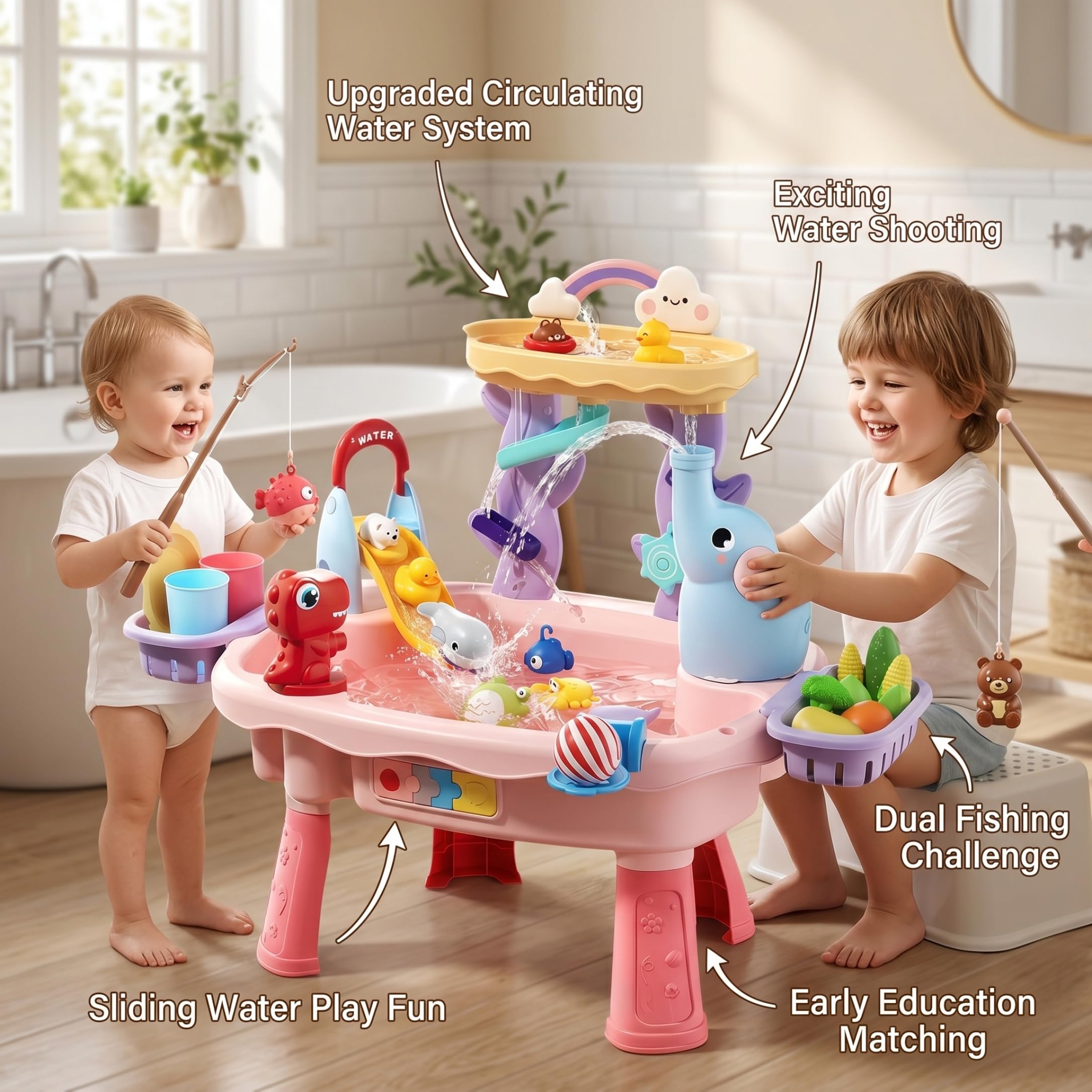 Mesa freática para niños, mesa de juegos acuáticos para niños pequeños: juguetes de arena 6 en 1 de doble capa con sistema de recirculación, juegos de tobogán y pesca, juguete sensorial para , a