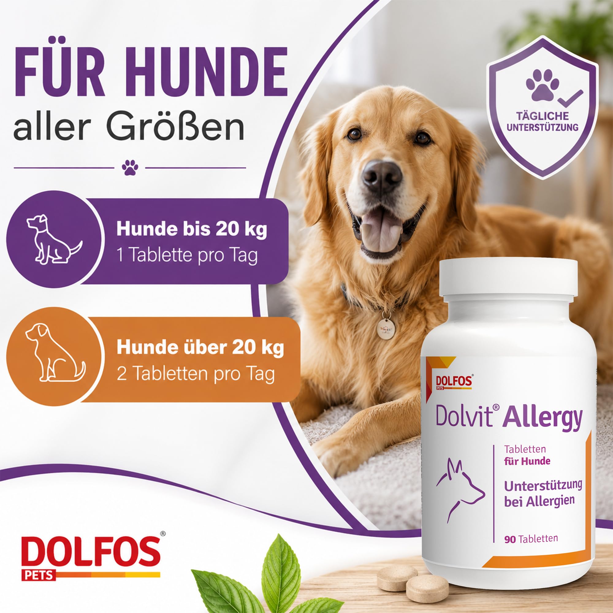 Dolvit Allergy 90 Tabletten, Allergie Tabletten für Hunde gegen Juckreiz & Dermatitis, Natürliches Ergänzungsfutter Hund zur Fellpflege, Hautgesundheit & Unterstützung bei Allergie Hund (1)