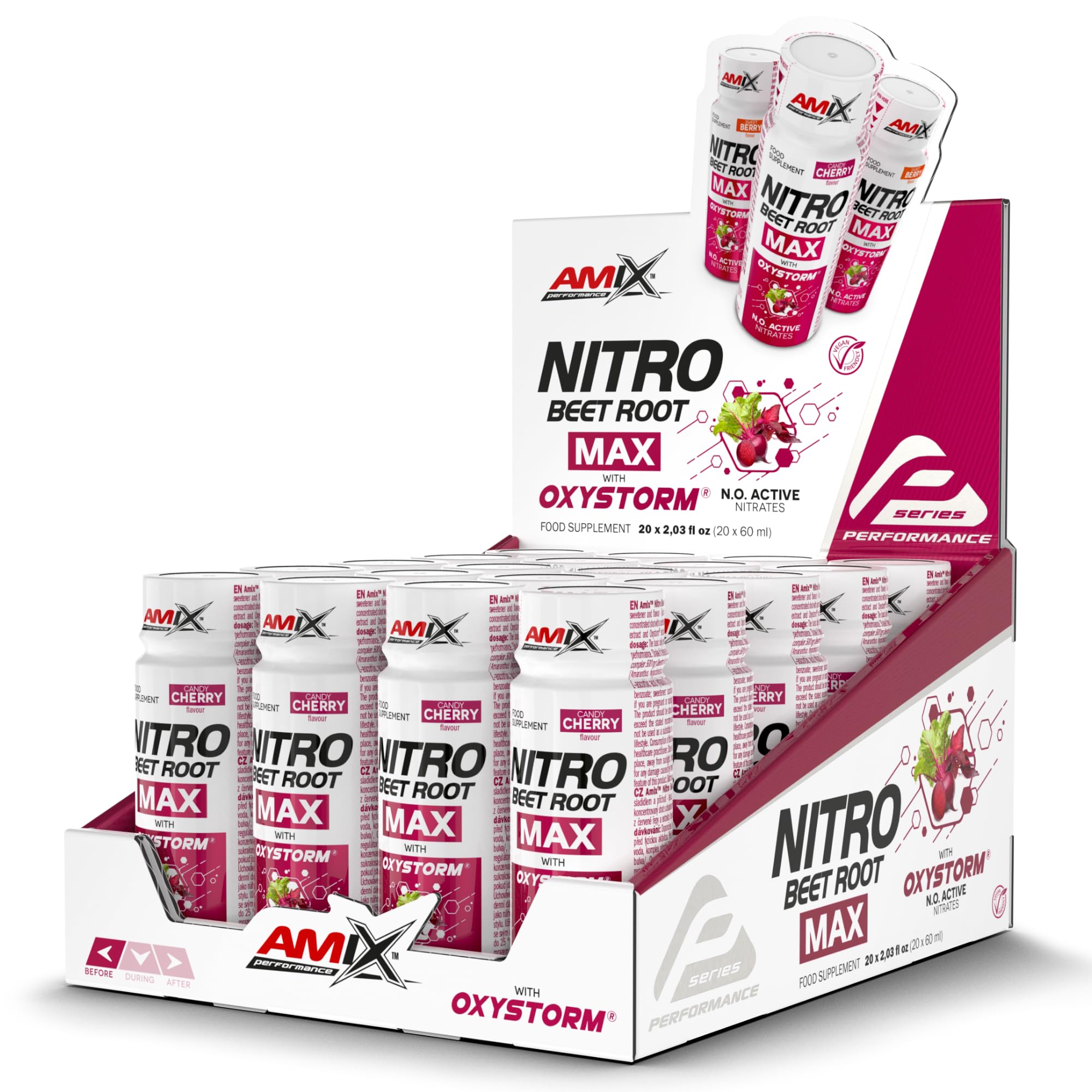 Amix Nitro Beet Root MAX – Sabor Cereza - 20 Shots de 60 ml – Concentrado de nitratos de remolacha y Oxystorm® – Con vitamina C – Formato líquido listo para tomar antes del entrenamiento